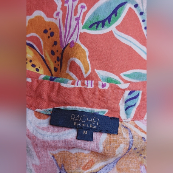 Rachel Roy Colorful Linen Blend Cropped Button Front Blouse Size Medium Tropical - Picture 6 of 10